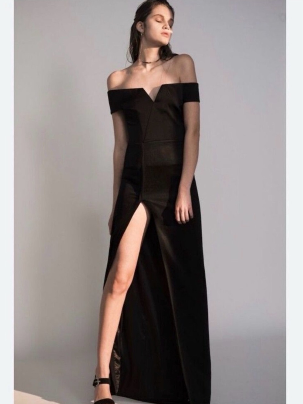 Galvan London Off-Shoulder Black Evening Gown with Front Slit